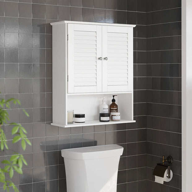 Hanging Bathroom Storage Cabinet – Wooden – White – Adjustable Shelf and Double Shutter Doors