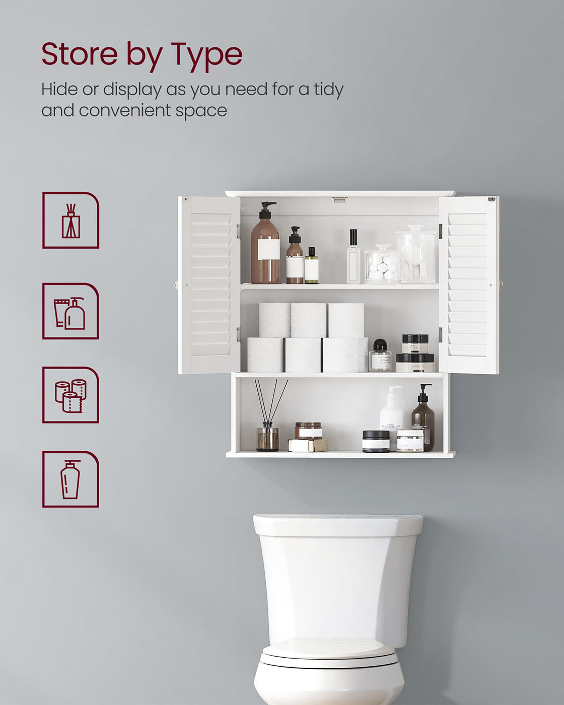Hanging Bathroom Storage Cabinet – Wooden – White – Adjustable Shelf and Double Shutter Doors