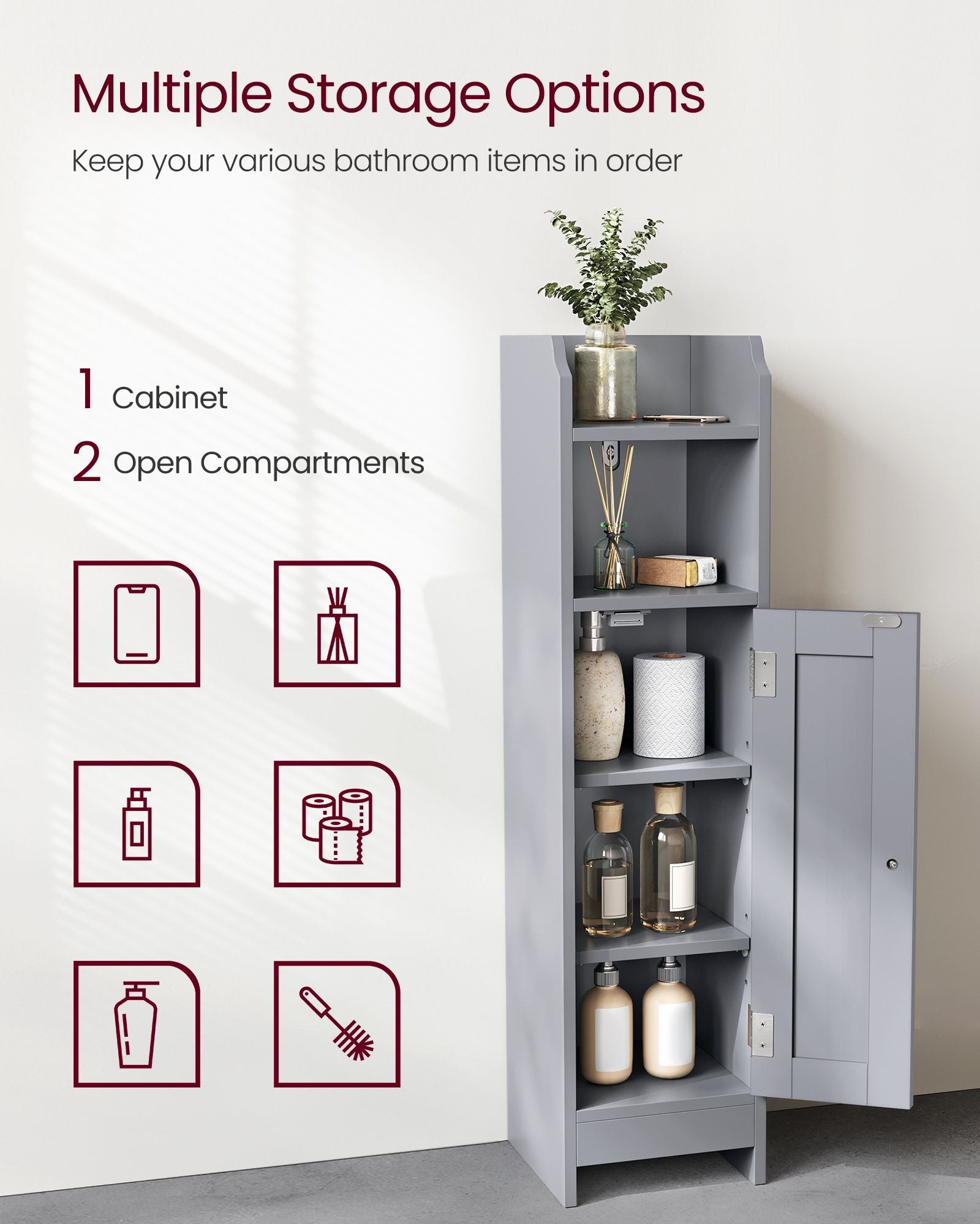 Freestanding Slim Bathroom Cabinet – Wood – White – Adjustable Shelves