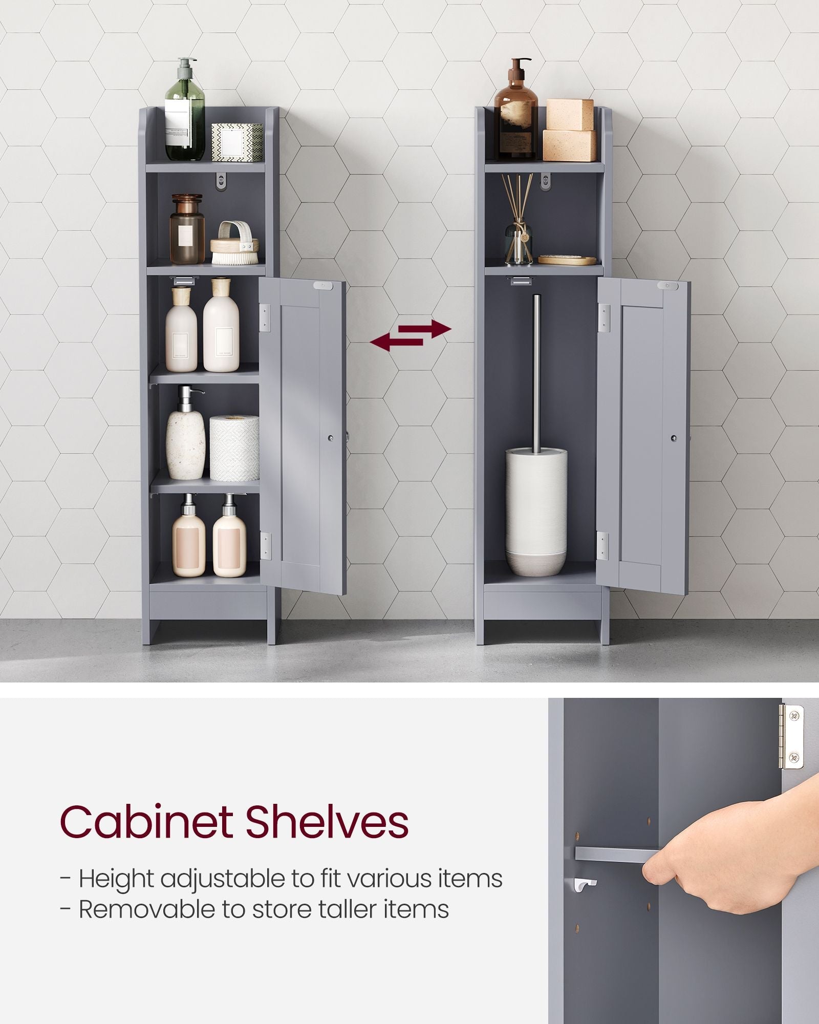 Freestanding Slim Bathroom Cabinet – Wood – White – Adjustable Shelves
