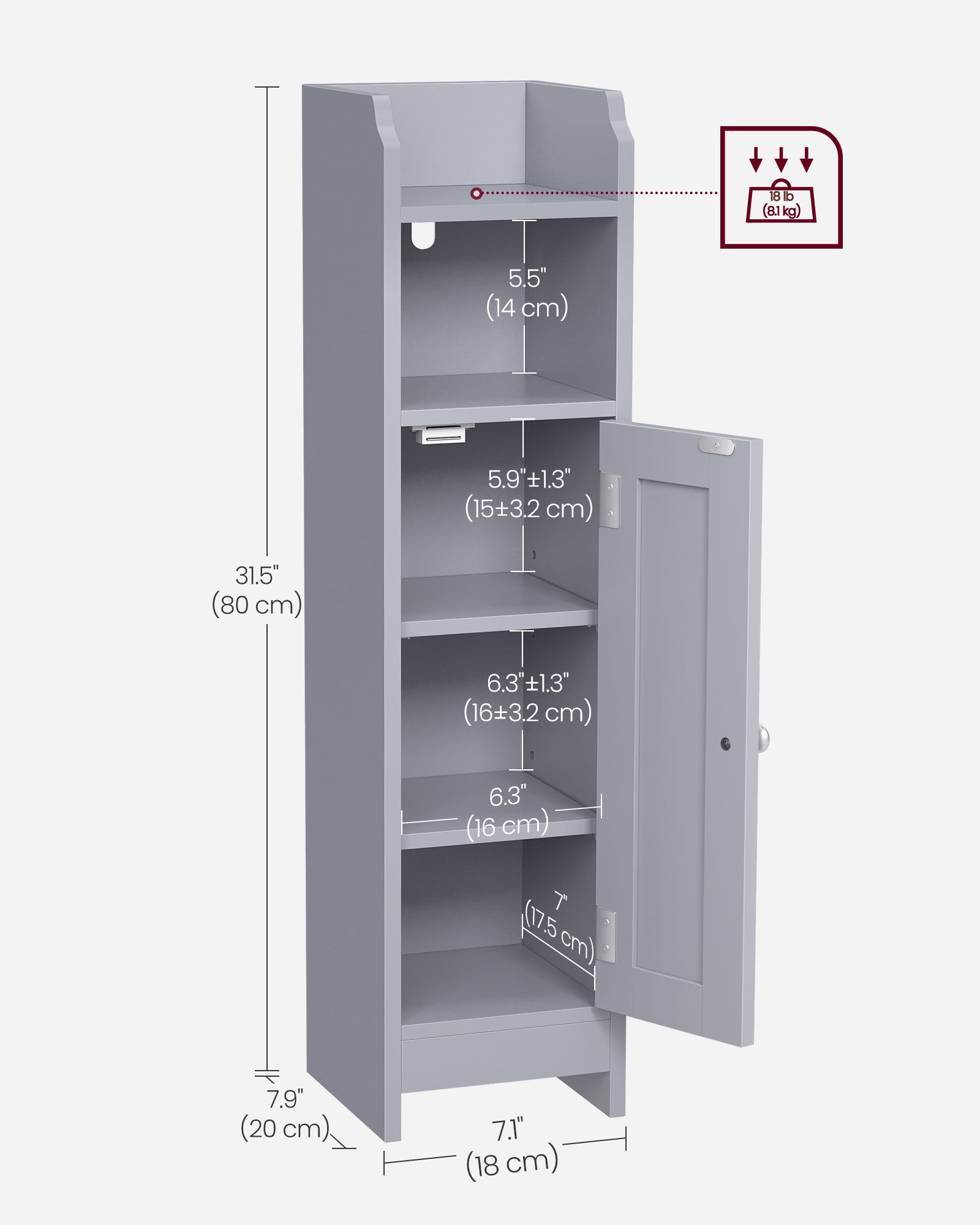 Freestanding Slim Bathroom Cabinet – Wood – White – Adjustable Shelves