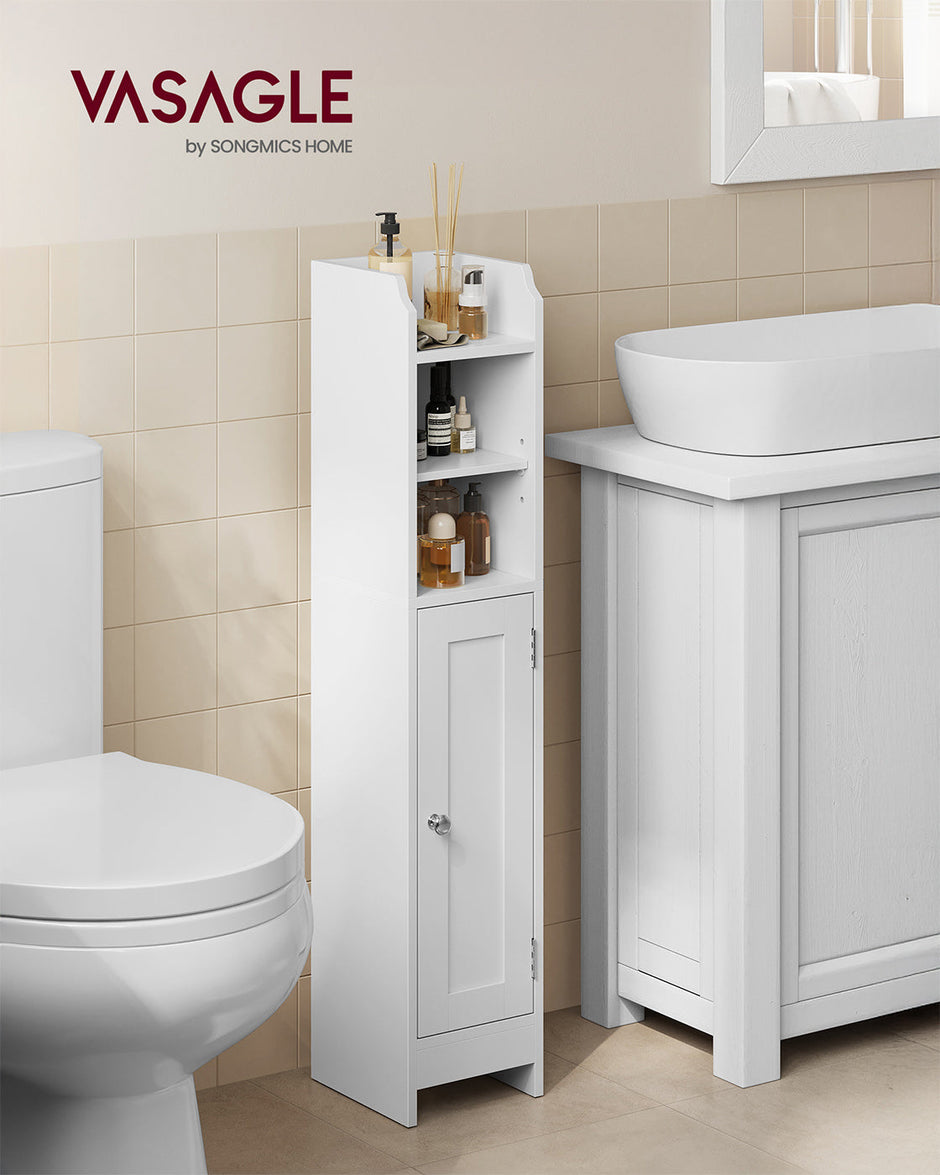 Slim Bathroom Storage Cabinet – Wood – White – Freestanding with Adjustable Shelves