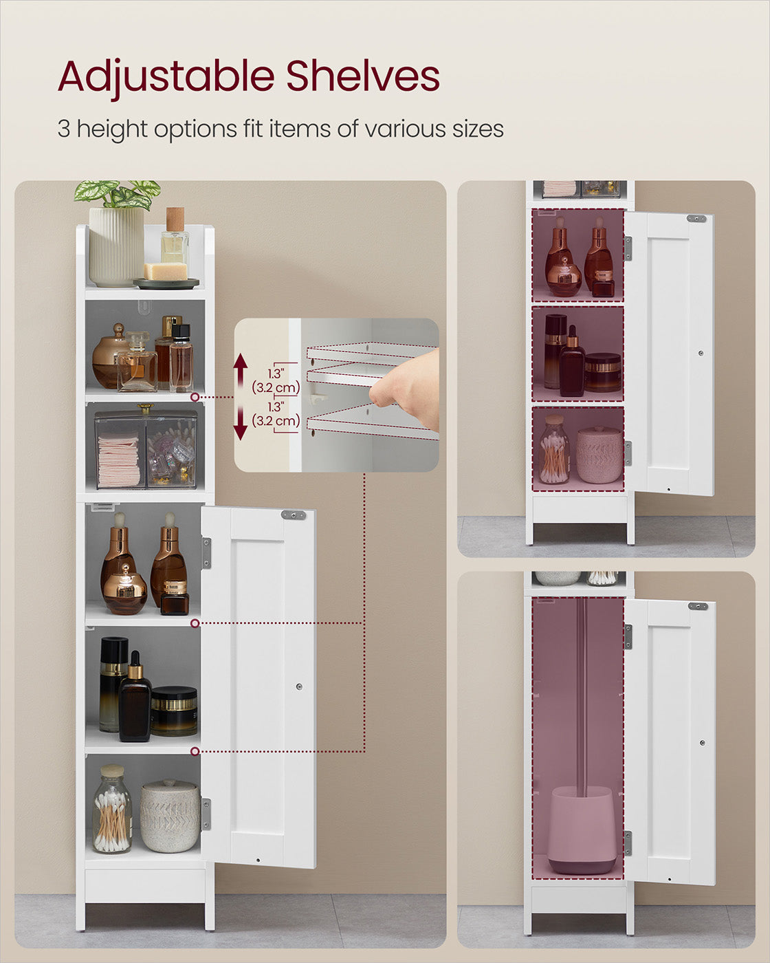 Slim Bathroom Storage Cabinet – Wood – White – Freestanding with Adjustable Shelves