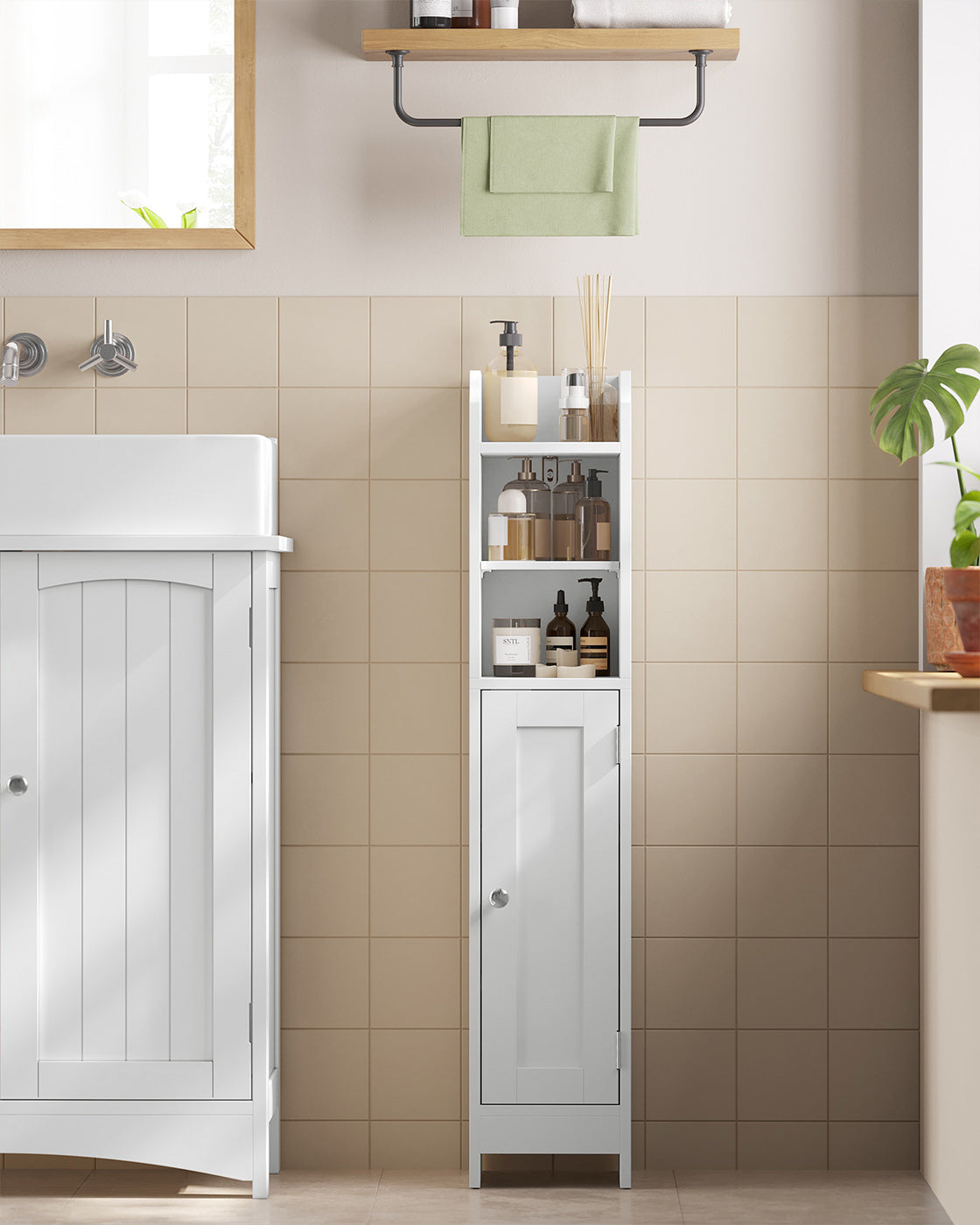 Slim Bathroom Storage Cabinet – Wood – White – Freestanding with Adjustable Shelves