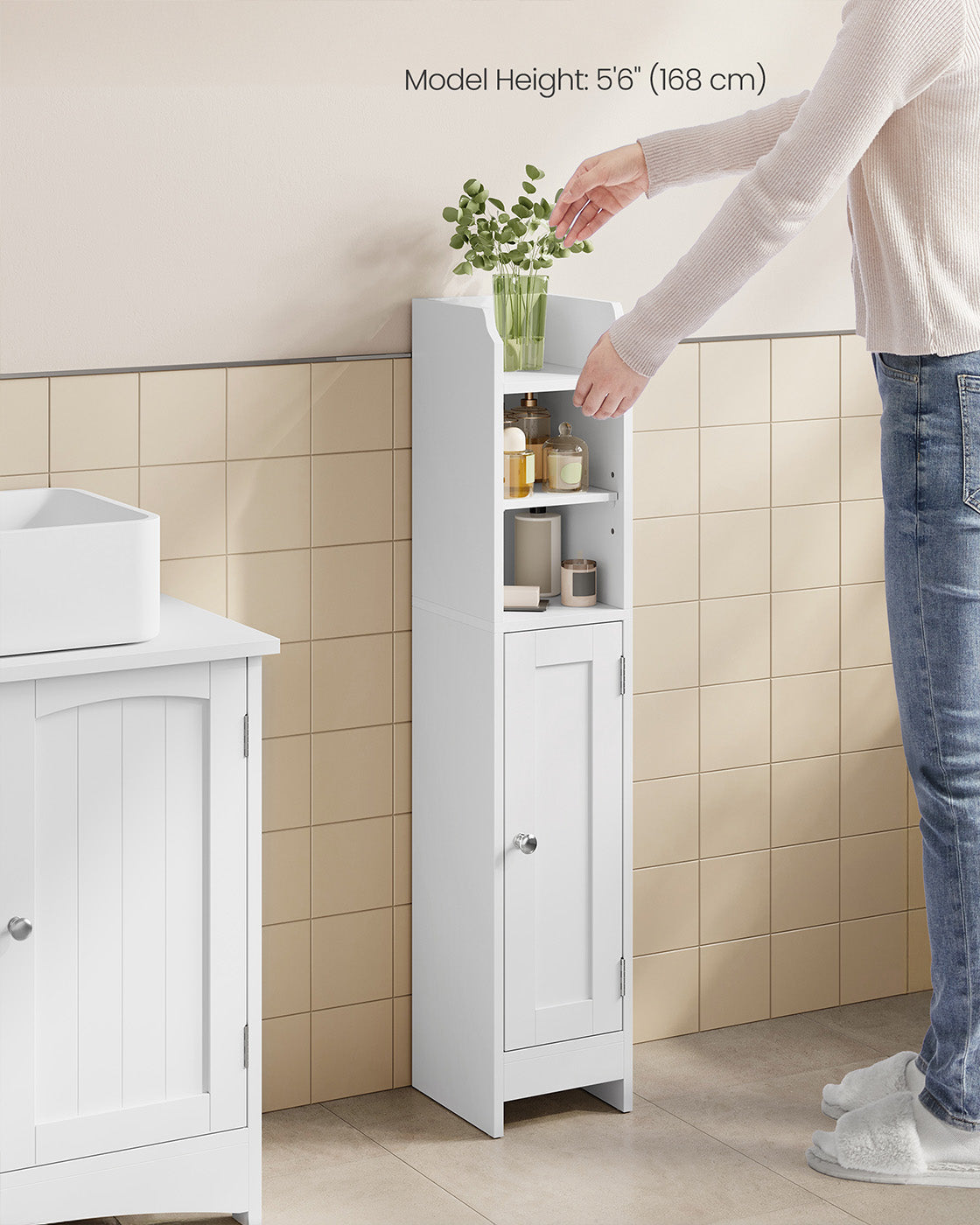Slim Bathroom Storage Cabinet – Wood – White – Freestanding with Adjustable Shelves