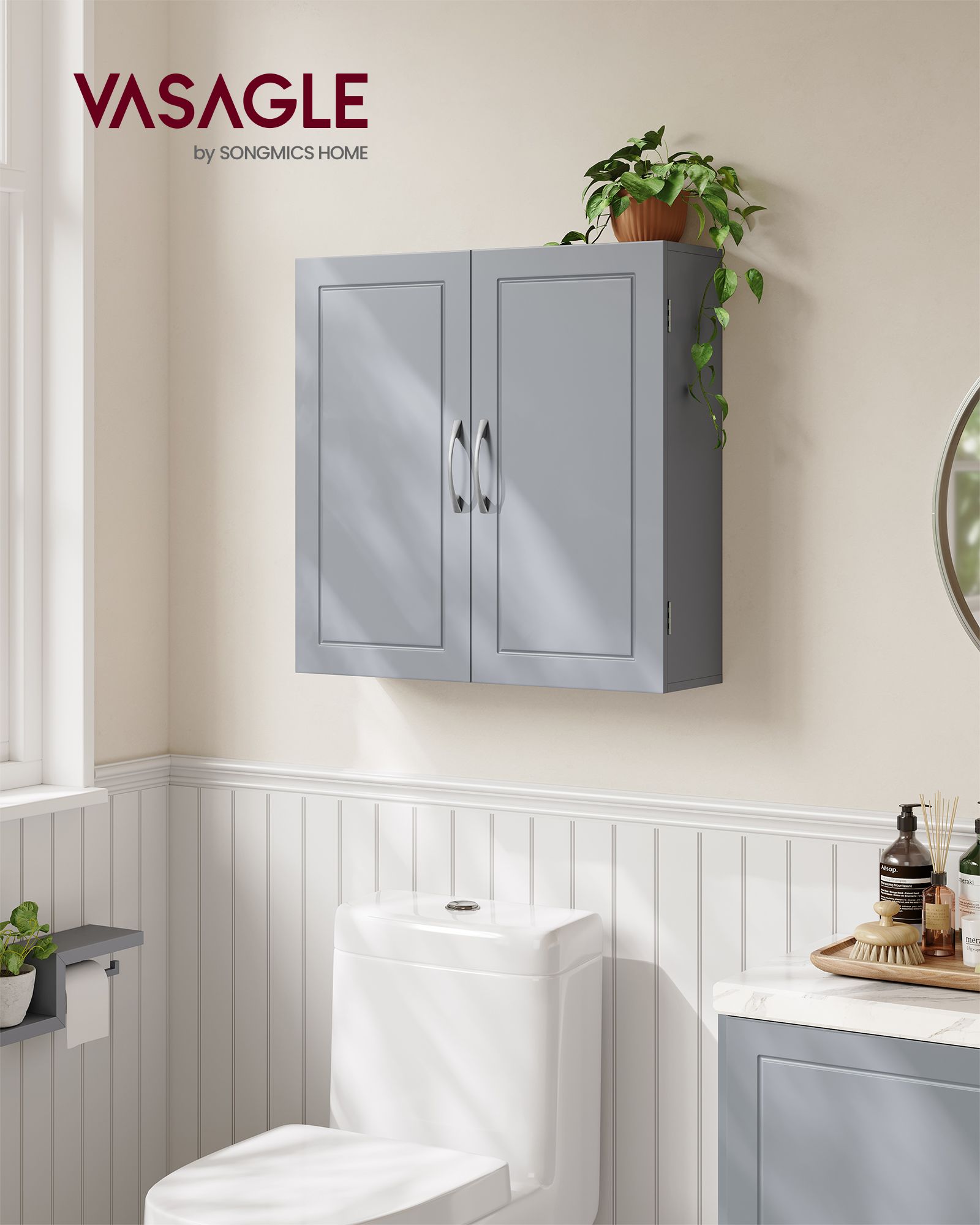 Wall-Mounted Bathroom Cabinet – Wood – Dove Grey – Adjustable Shelves
