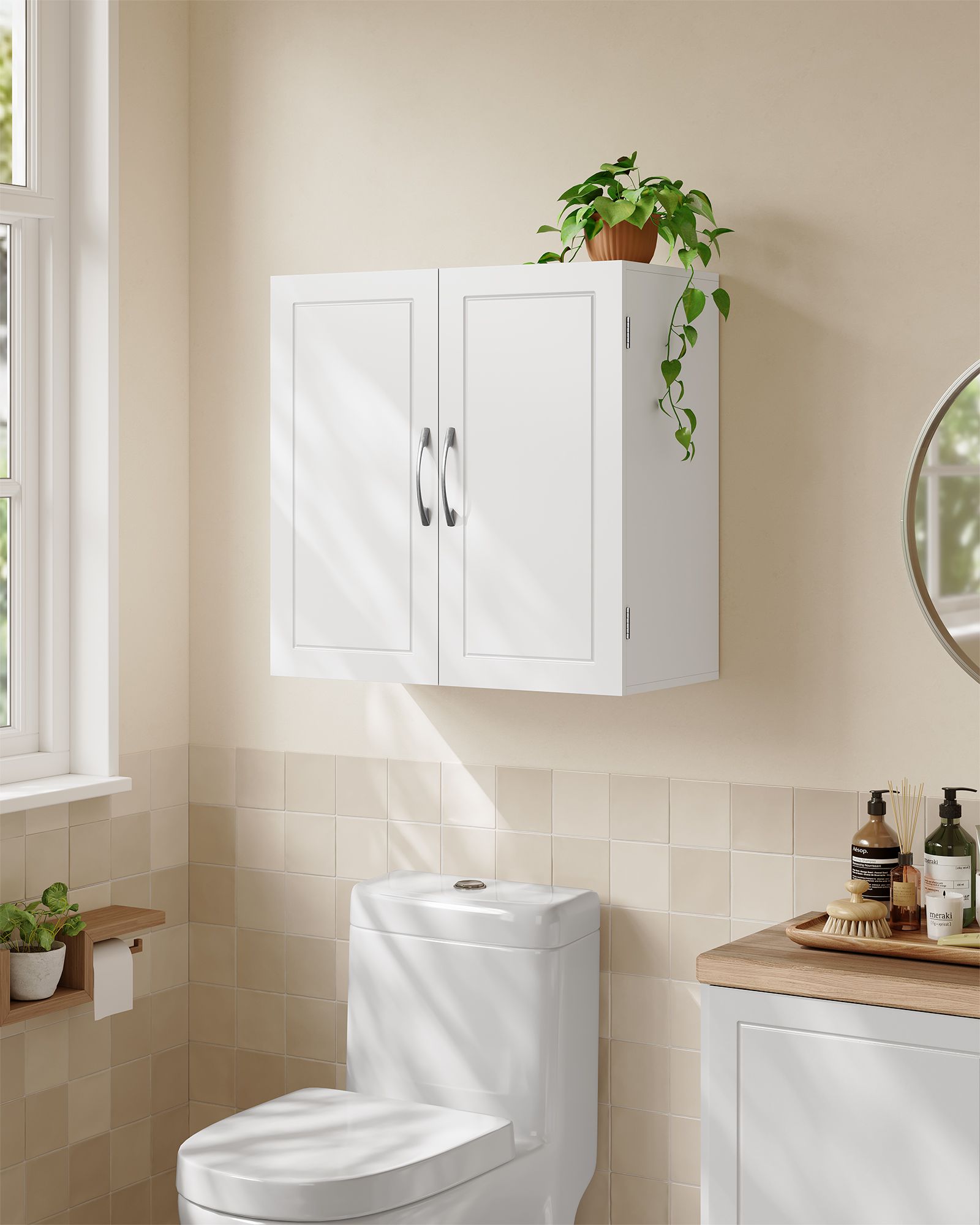 Wall-Mounted Bathroom Storage Cabinet – Wood – Cloud White – Adjustable Shelves