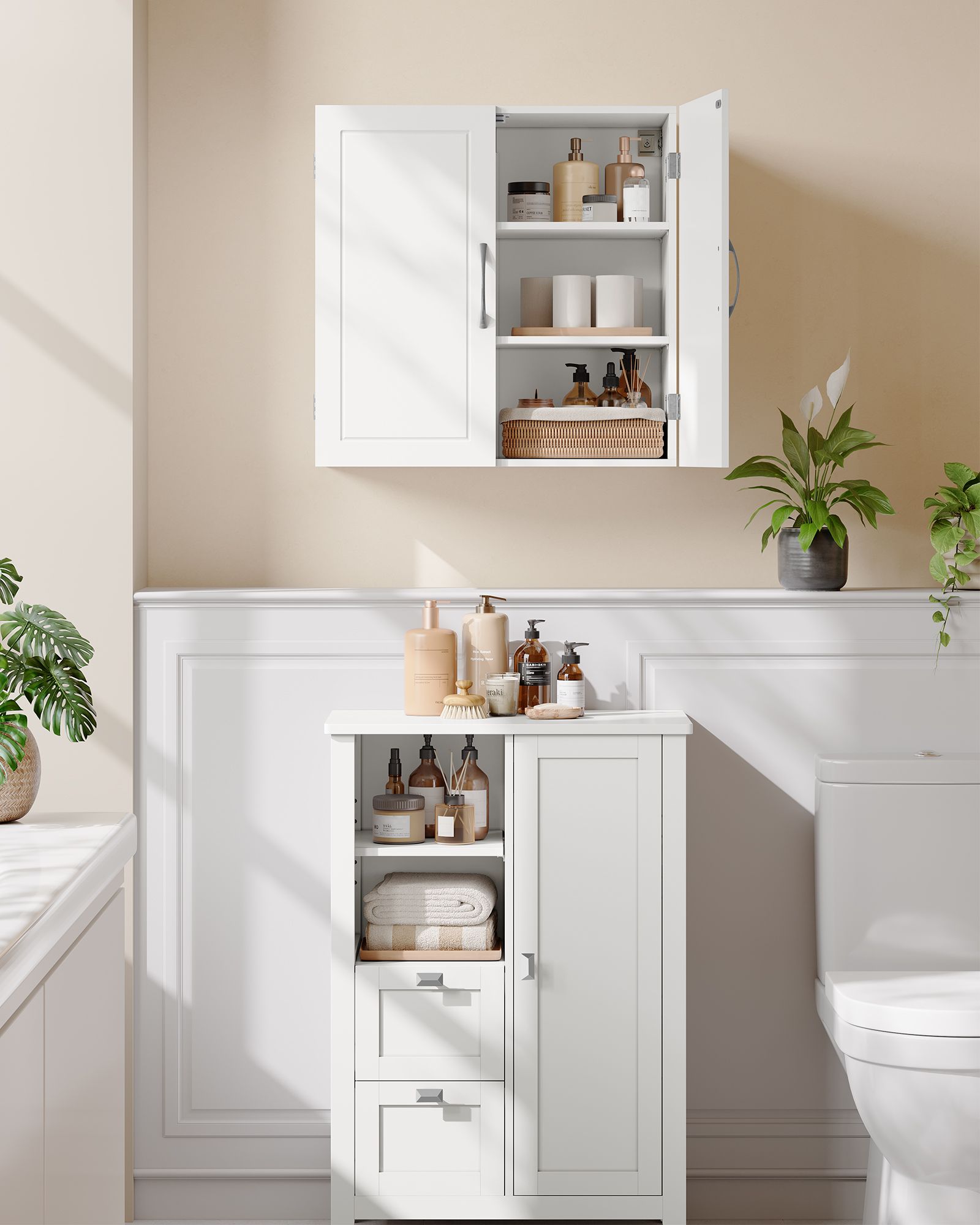 Wall-Mounted Bathroom Storage Cabinet – Wood – Cloud White – Adjustable Shelves