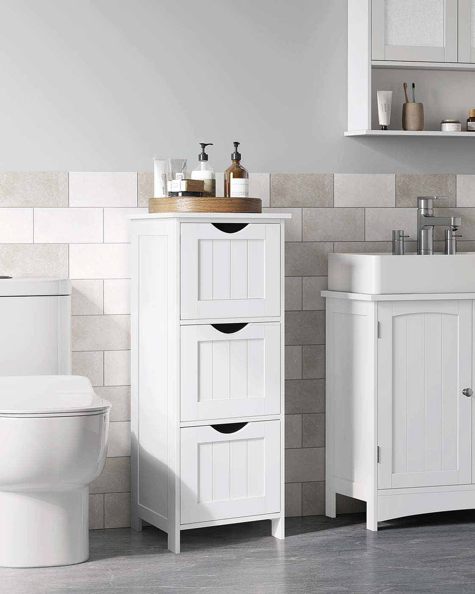 Floor Cabinet – Wood – Grey – 4 Drawers, Freestanding Design