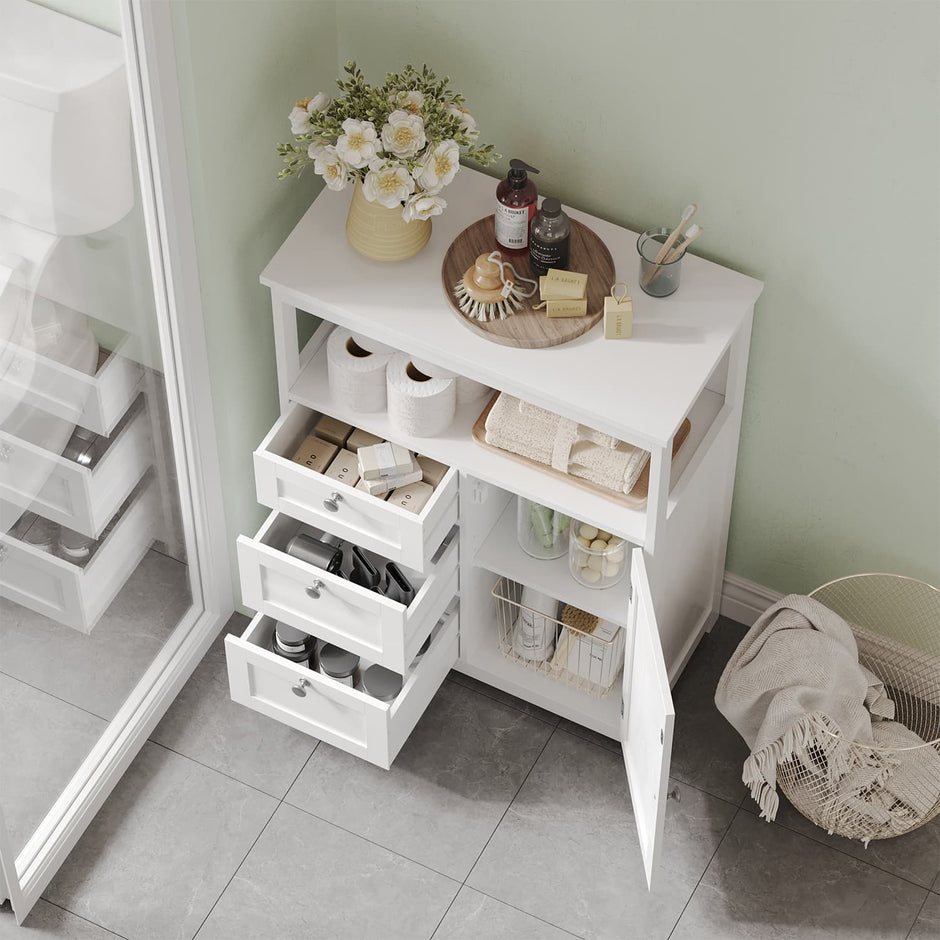 Freestanding Bathroom Floor Cabinet – Wood – White – 3-Drawer Storage Unit with Adjustable Shelf
