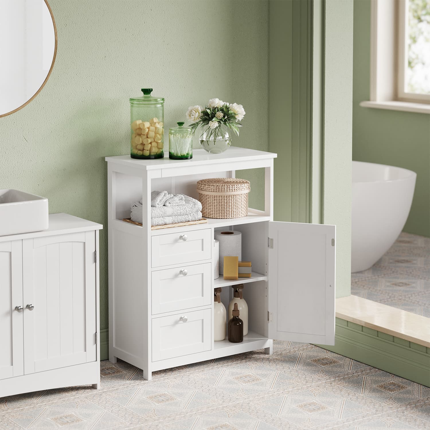 Freestanding Bathroom Floor Cabinet – Wood – White – 3-Drawer Storage Unit with Adjustable Shelf