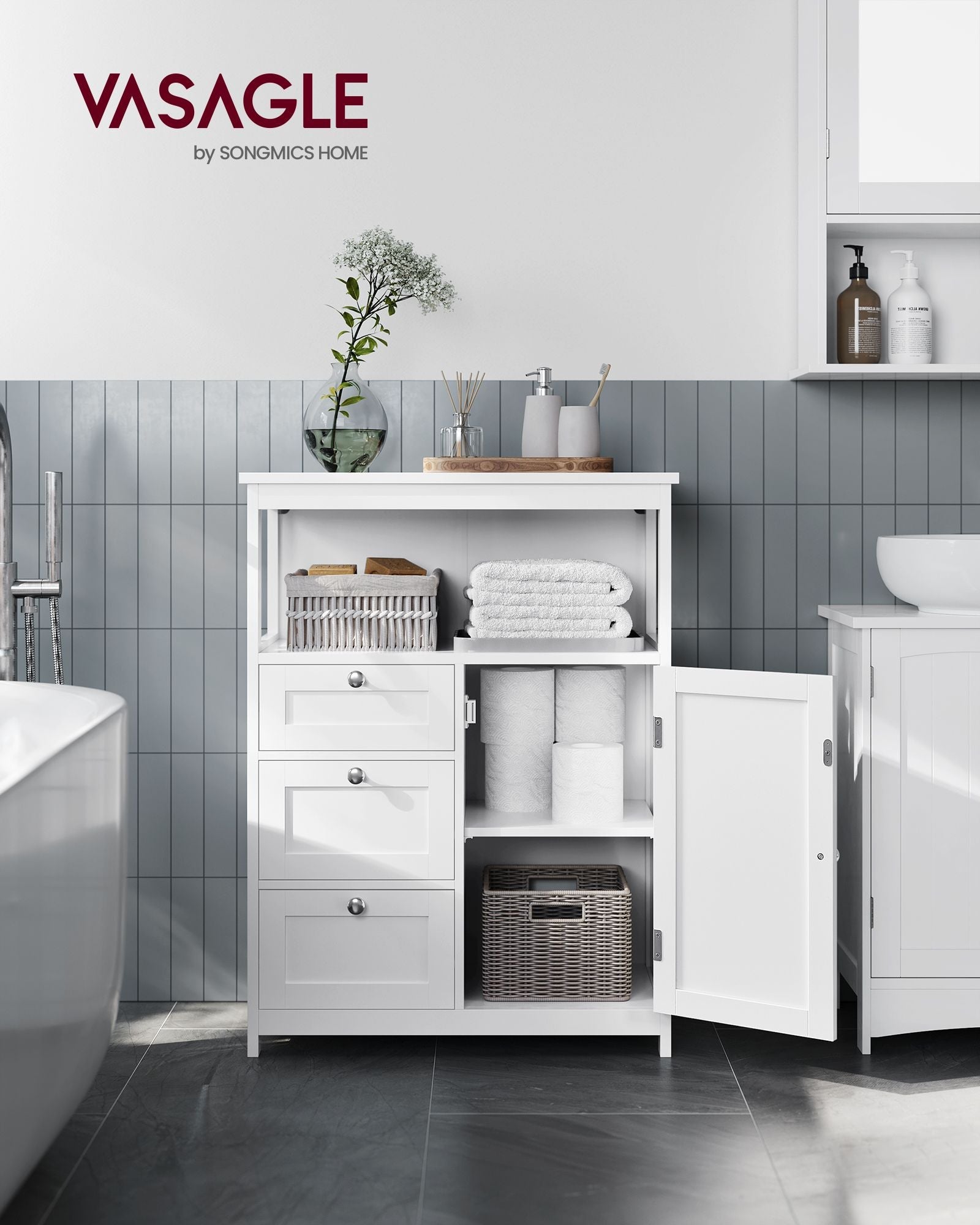 Bathroom Storage Cabinet – Wood – White – Freestanding with 3 Drawers and Adjustable Shelf