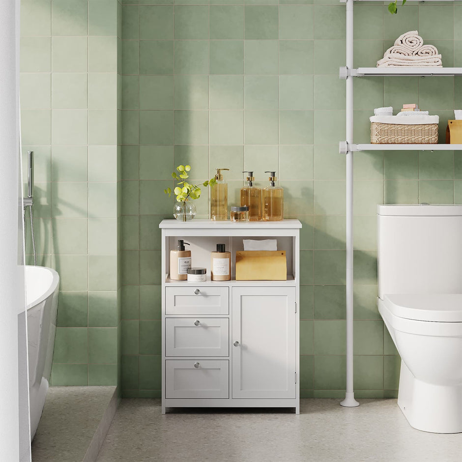 Freestanding Bathroom Floor Cabinet – Wood – White – 3-Drawer Storage Unit with Adjustable Shelf