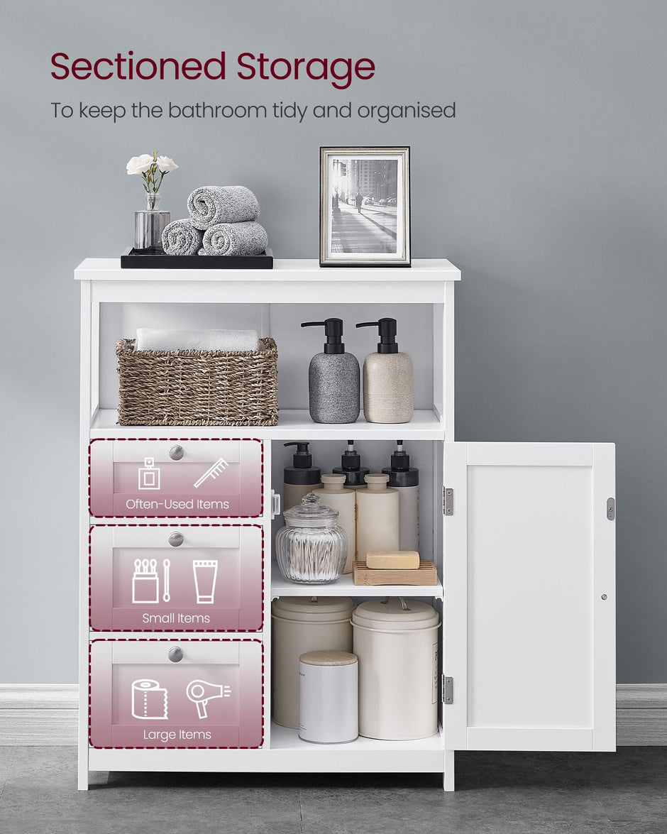 Bathroom Storage Cabinet – Wood – White – Freestanding with 3 Drawers and Adjustable Shelf