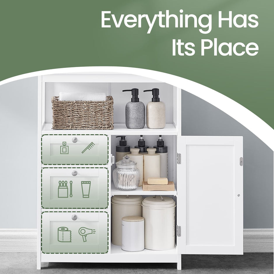 Freestanding Bathroom Floor Cabinet – Wood – White – 3-Drawer Storage Unit with Adjustable Shelf