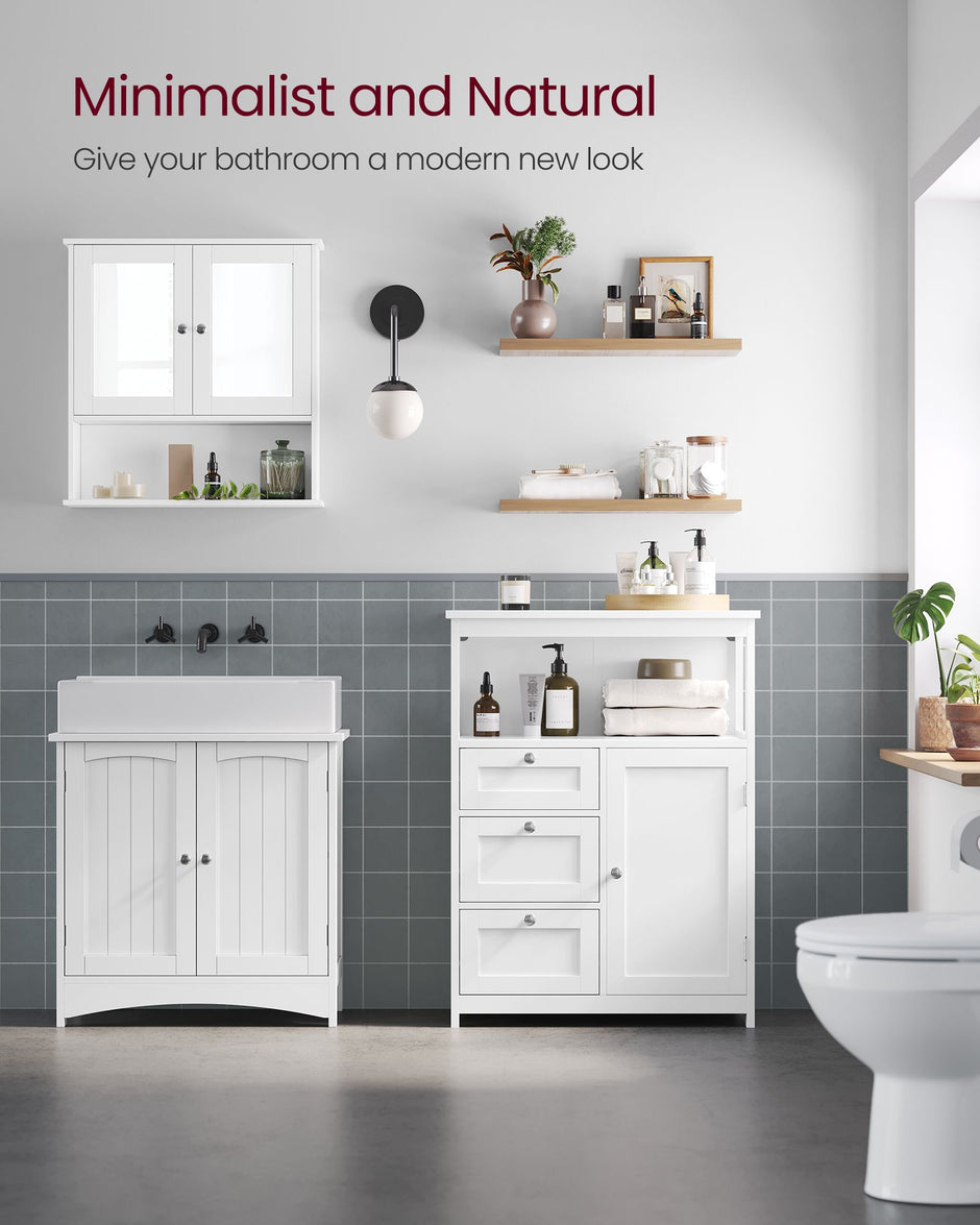 Bathroom Storage Cabinet – Wood – White – Freestanding with 3 Drawers and Adjustable Shelf