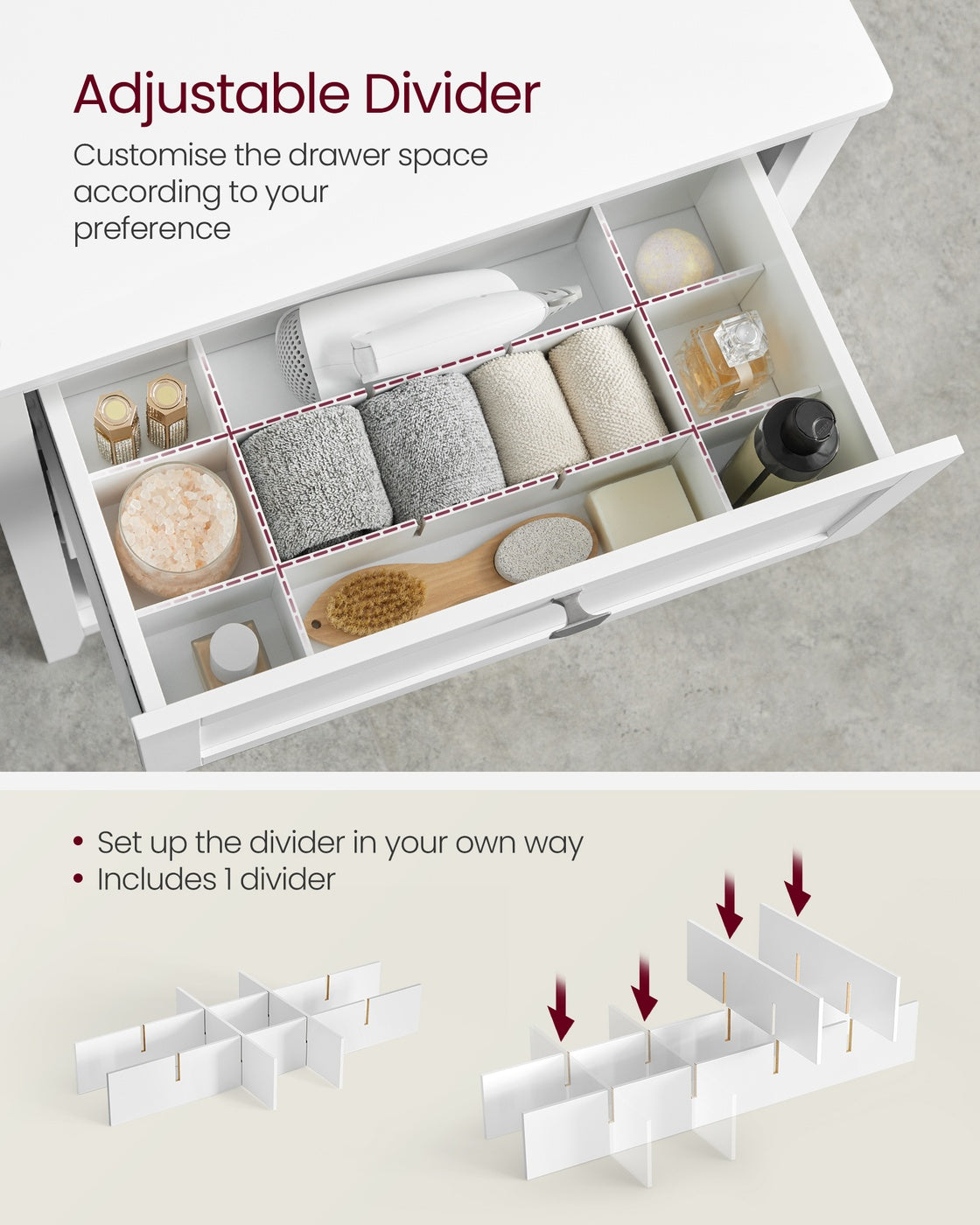Freestanding Bathroom Cabinet – Wood – White – 2 Drawers with Adjustable Dividers and Baskets