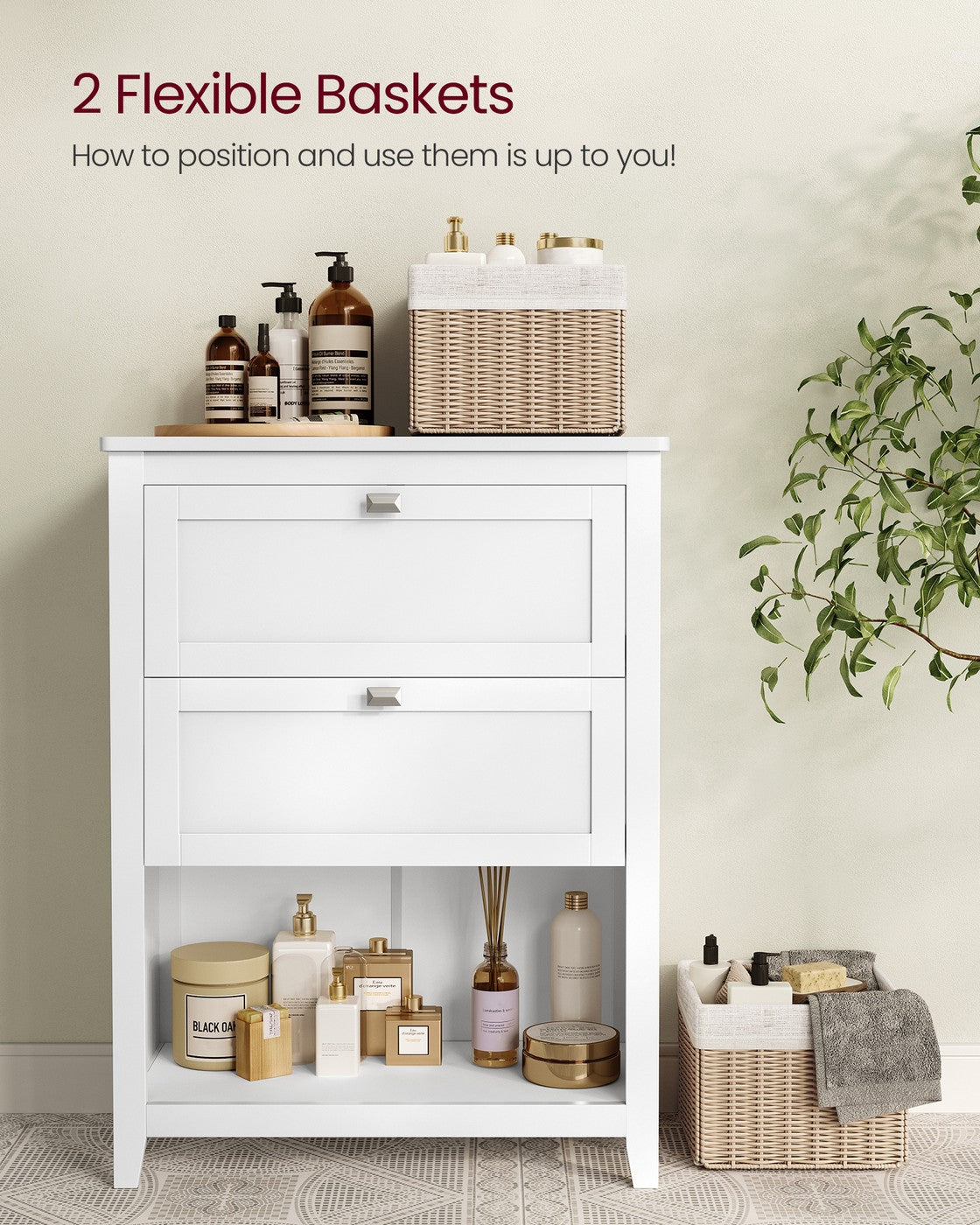 Freestanding Bathroom Cabinet – Wood – White – 2 Drawers with Adjustable Dividers and Baskets
