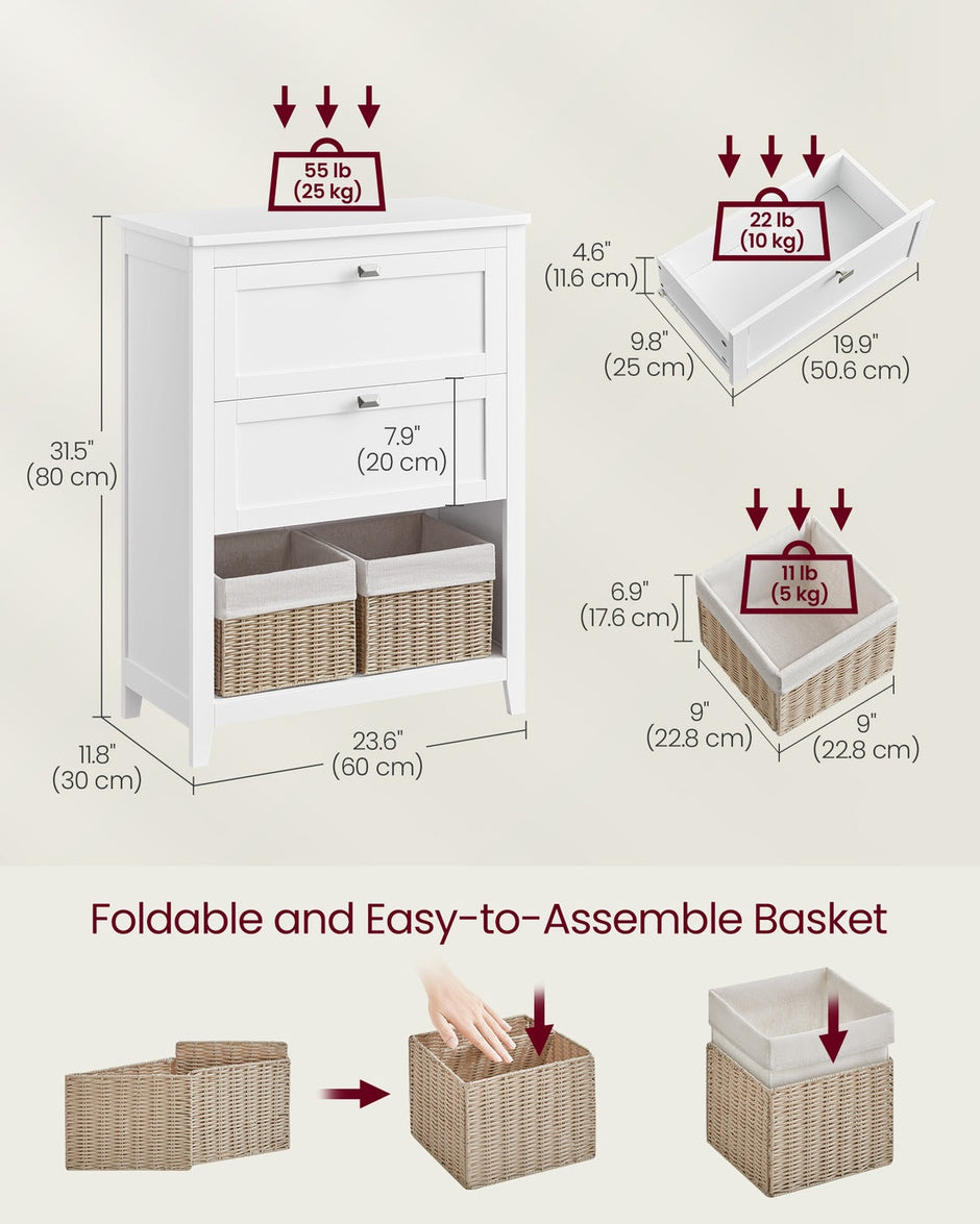 Freestanding Bathroom Cabinet – Wood – White – 2 Drawers with Adjustable Dividers and Baskets