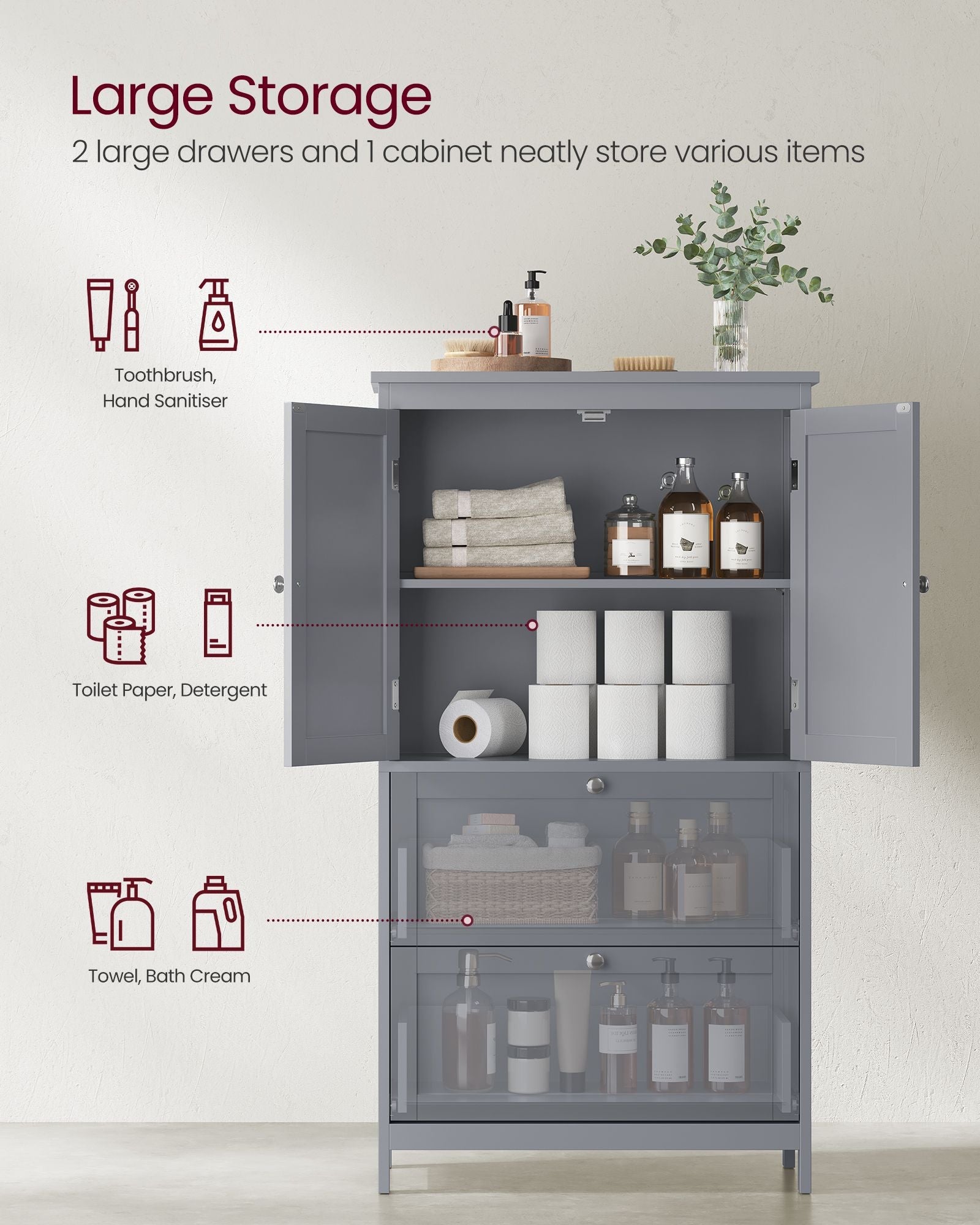 Bathroom Storage Cabinet – Wood – Dove Grey – Freestanding with Adjustable Shelf and 2 Drawers