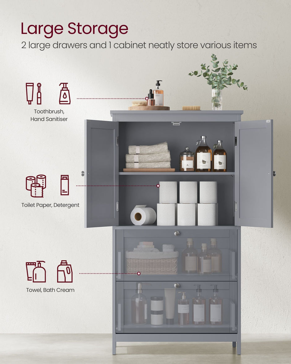 Bathroom Storage Cabinet – Wood – Dove Grey – Freestanding with Adjustable Shelf and 2 Drawers