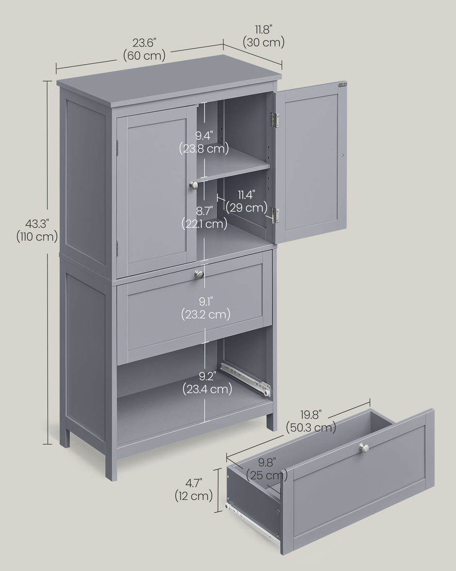 Bathroom Storage Cabinet – Wood – Dove Grey – Freestanding with Adjustable Shelf and 2 Drawers