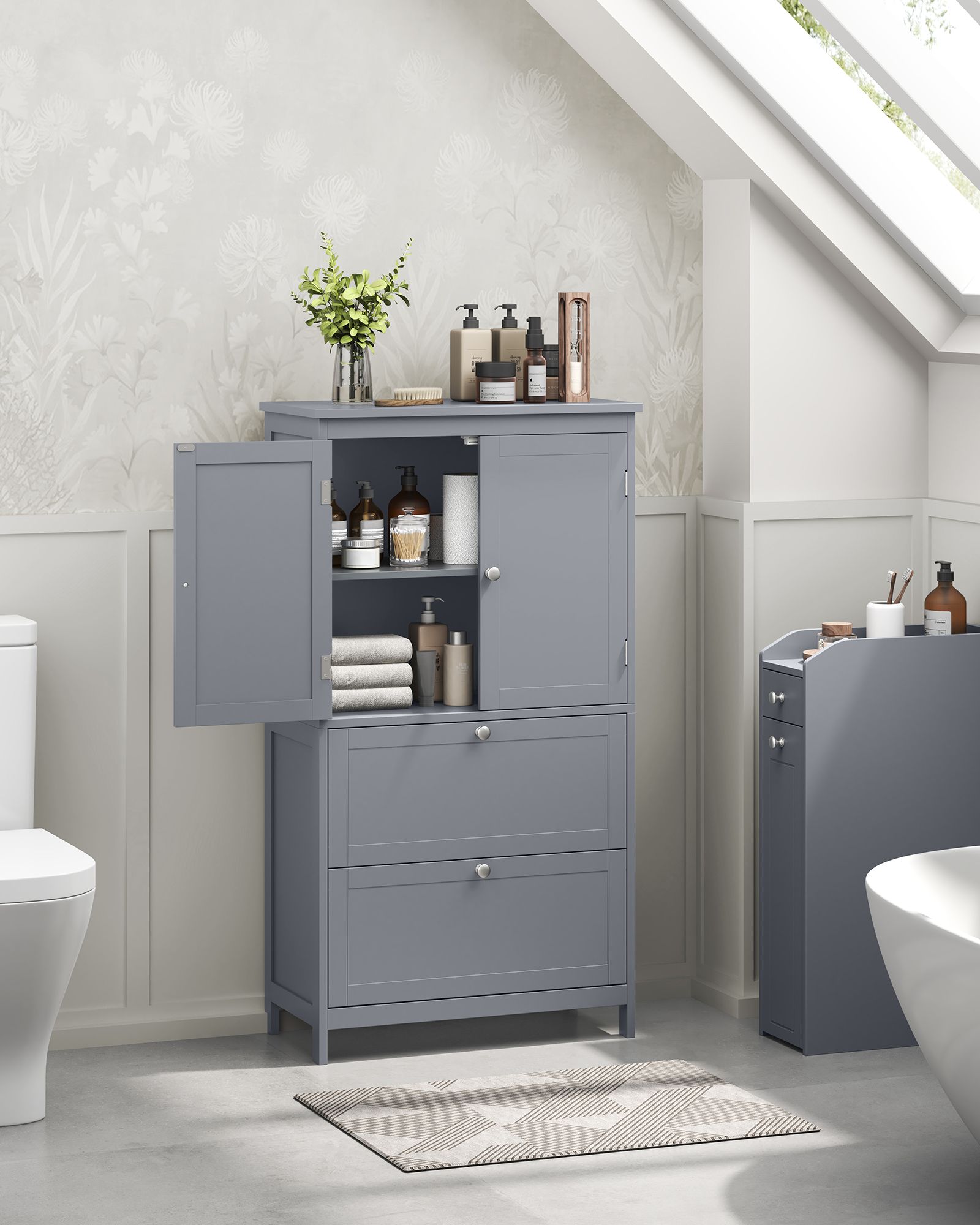 Bathroom Storage Cabinet – Wood – Dove Grey – Freestanding with Adjustable Shelf and 2 Drawers