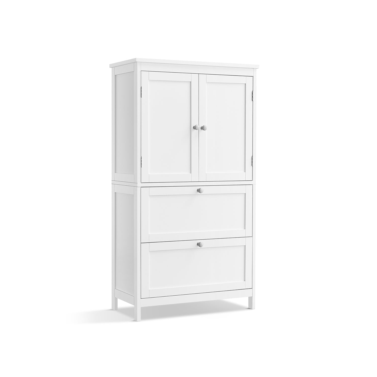 Freestanding Storage Cupboard – Wood – White – 2 Drawers, 2 Doors, Adjustable Shelf