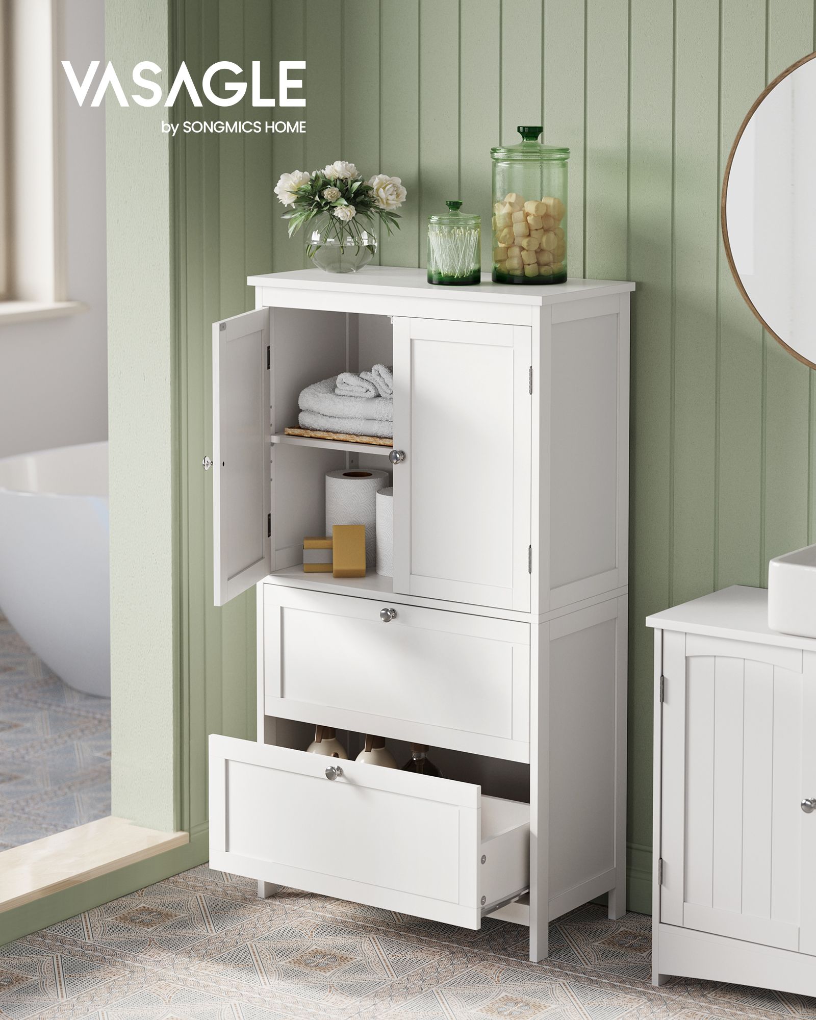 Freestanding Storage Cupboard – Wood – White – 2 Drawers, 2 Doors, Adjustable Shelf