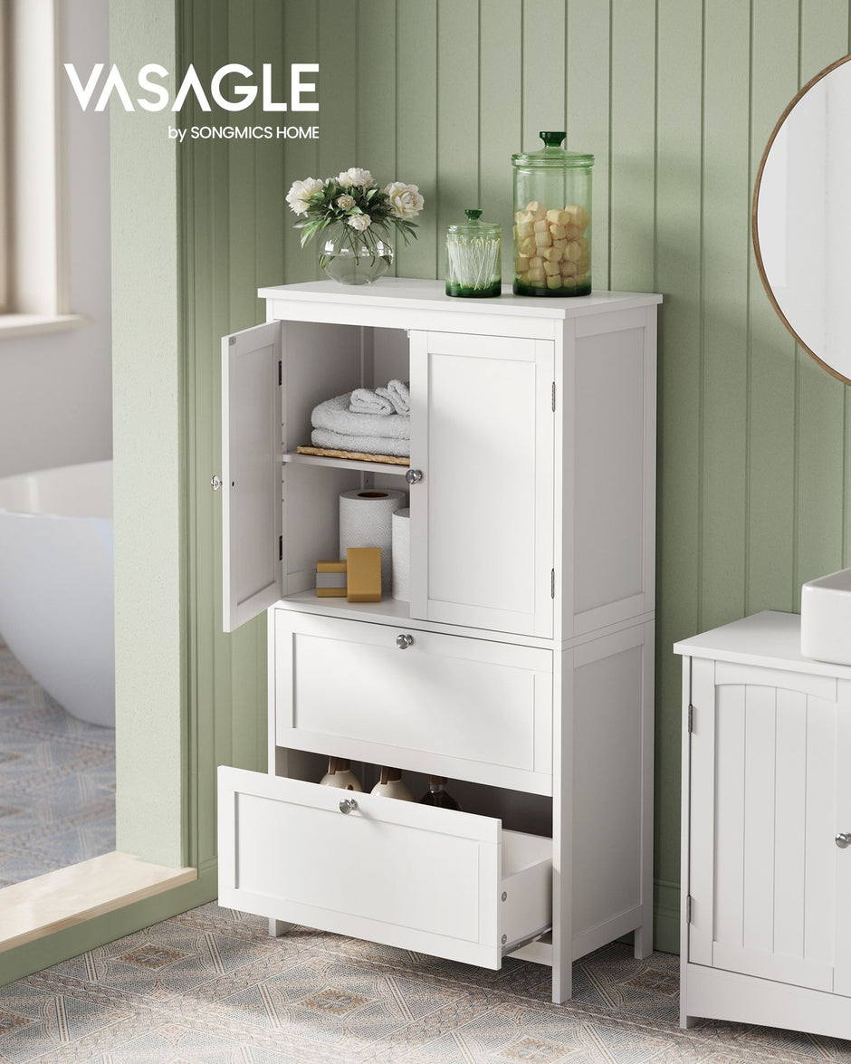 Freestanding Storage Cupboard – Wood – White – 2 Drawers, 2 Doors, Adjustable Shelf