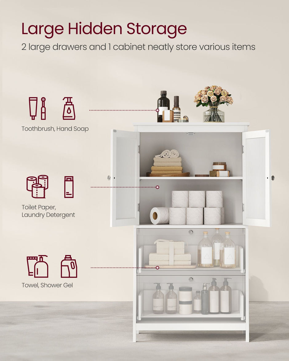 Freestanding Storage Cupboard – Wood – White – 2 Drawers, 2 Doors, Adjustable Shelf