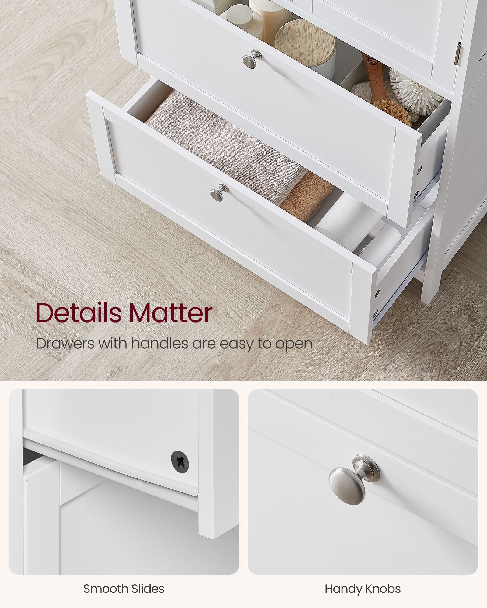 Freestanding Storage Cupboard – Wood – White – 2 Drawers, 2 Doors, Adjustable Shelf