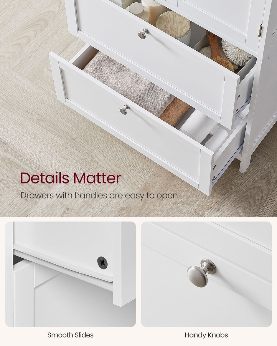 Freestanding Storage Cupboard – Wood – White – 2 Drawers, 2 Doors, Adjustable Shelf