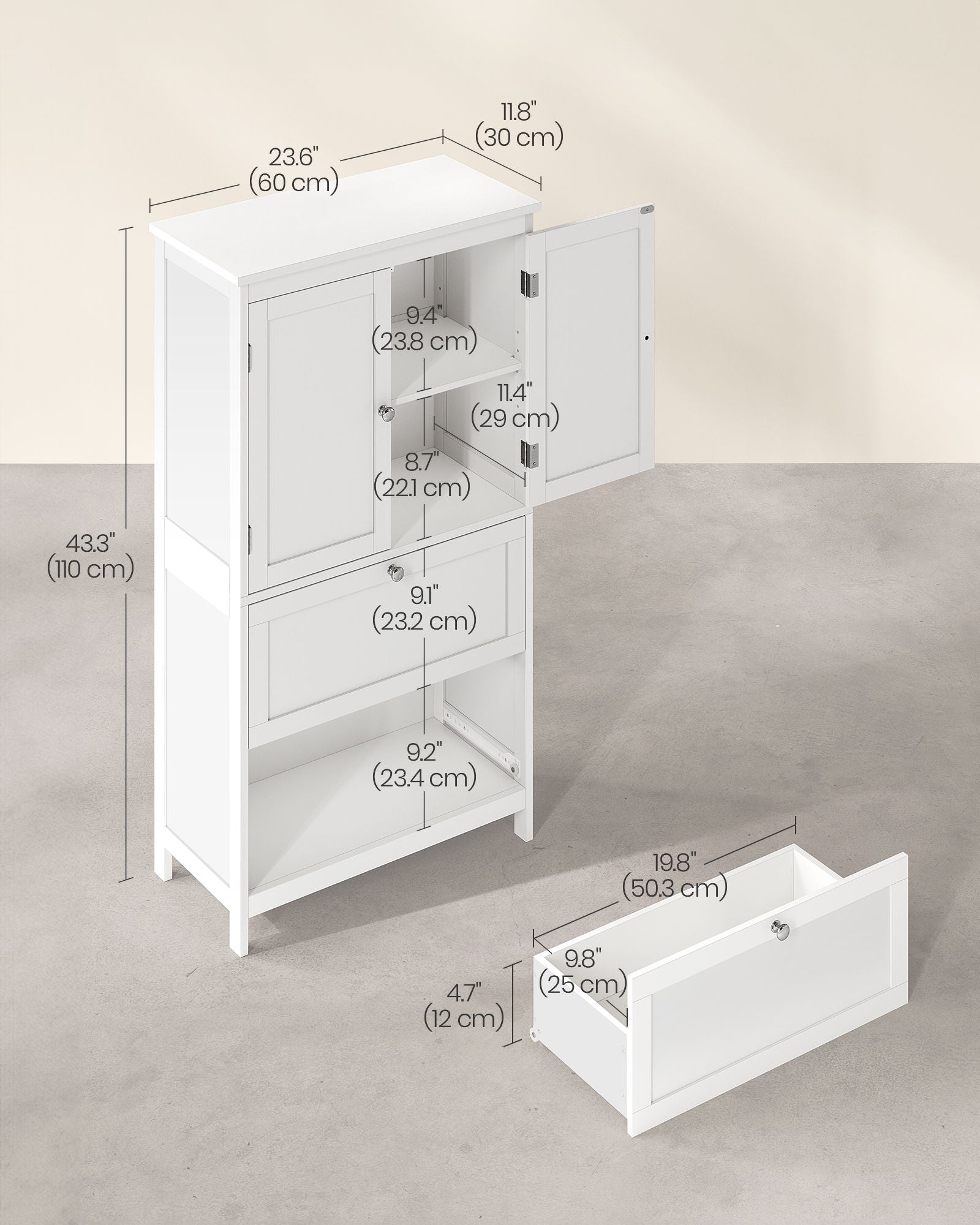 Freestanding Storage Cupboard – Wood – White – 2 Drawers, 2 Doors, Adjustable Shelf