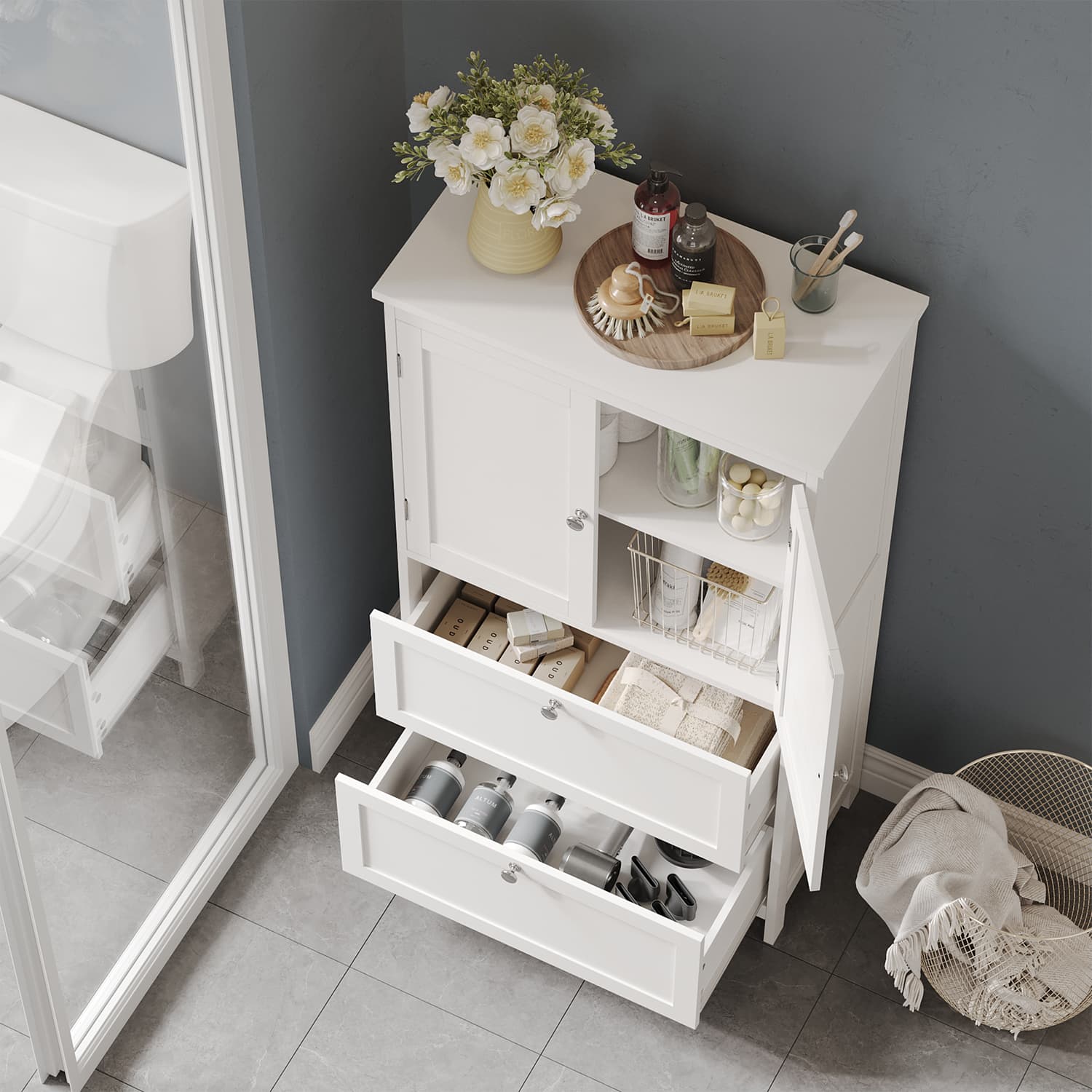 Freestanding Bathroom Storage Cabinet – Wood – White – 2 Drawers, 2 Doors, Adjustable Shelf