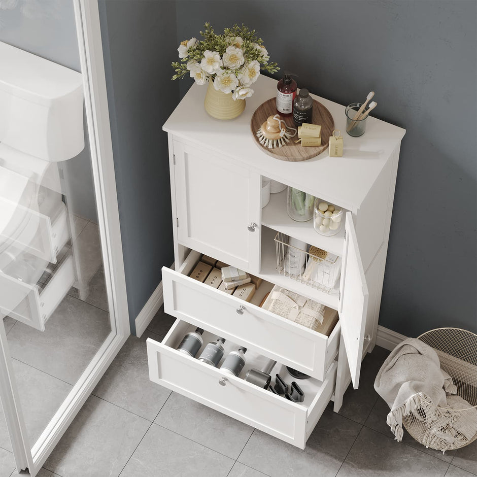Freestanding Bathroom Storage Cabinet – Wood – White – 2 Drawers, 2 Doors, Adjustable Shelf