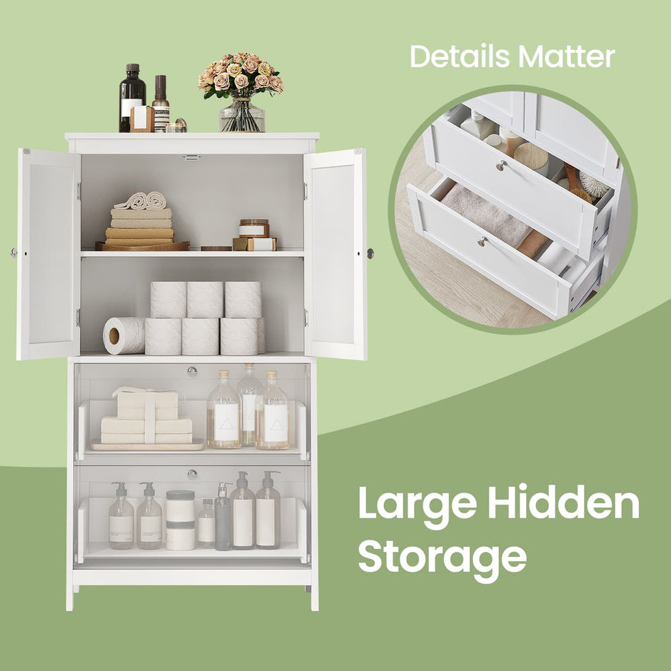 Freestanding Bathroom Storage Cabinet – Wood – White – 2 Drawers, 2 Doors, Adjustable Shelf