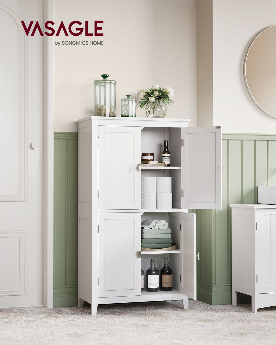 Freestanding Cabinet – Wood – White – 4 Doors with Adjustable Shelves
