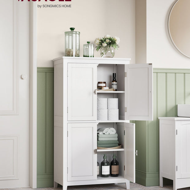 Freestanding Cabinet – Wood – White – 4 Doors with Adjustable Shelves