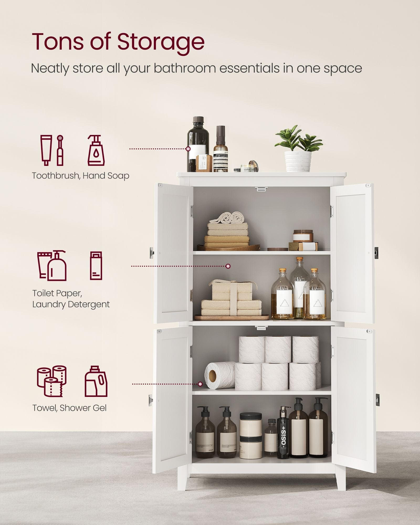 Freestanding Cabinet – Wood – White – 4 Doors with Adjustable Shelves