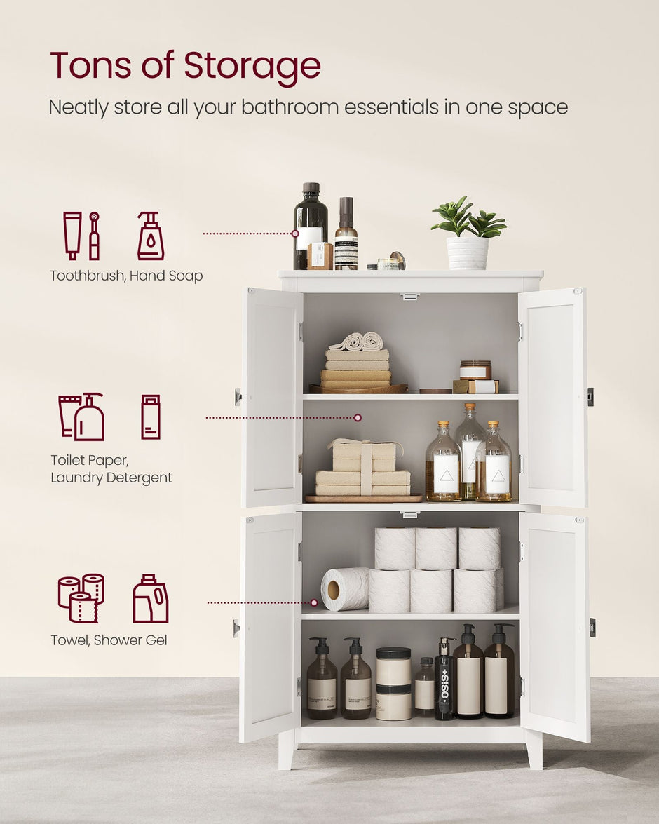 Freestanding Cabinet – Wood – White – 4 Doors with Adjustable Shelves