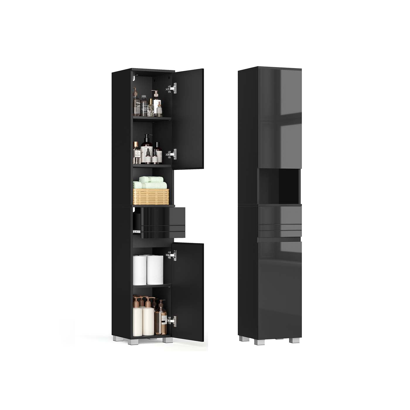 Tall Bathroom Cabinet – Wood – Sleek White Finish – Adjustable Shelves and Drawer