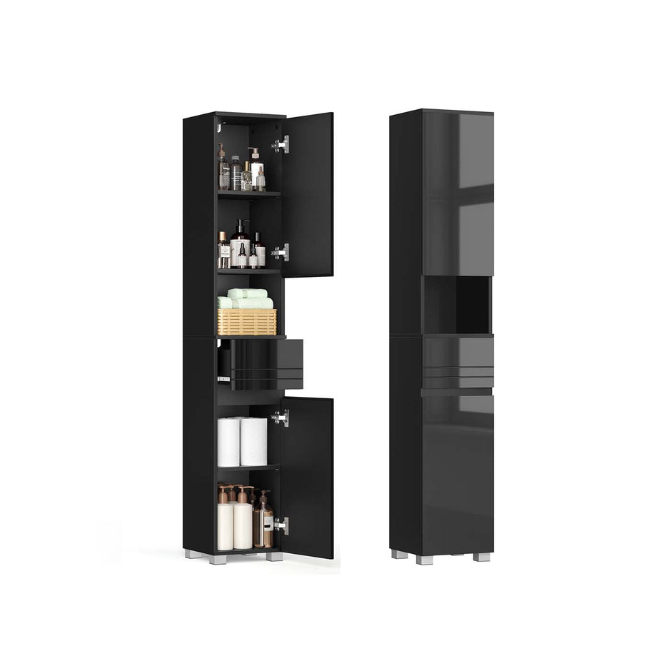Tall Bathroom Cabinet – Wood – Sleek White Finish – Adjustable Shelves and Drawer
