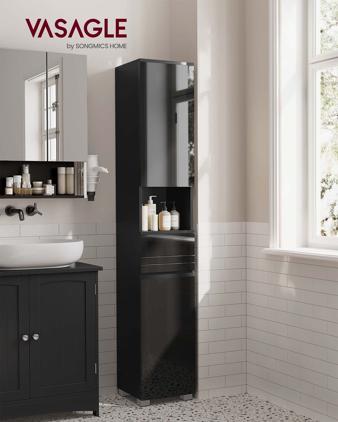 Tall Bathroom Cabinet – Wood – Sleek White Finish – Adjustable Shelves and Drawer