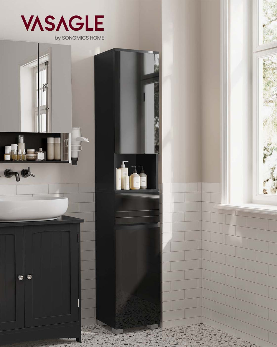 Tall Bathroom Cabinet – Wood – Sleek White Finish – Adjustable Shelves and Drawer