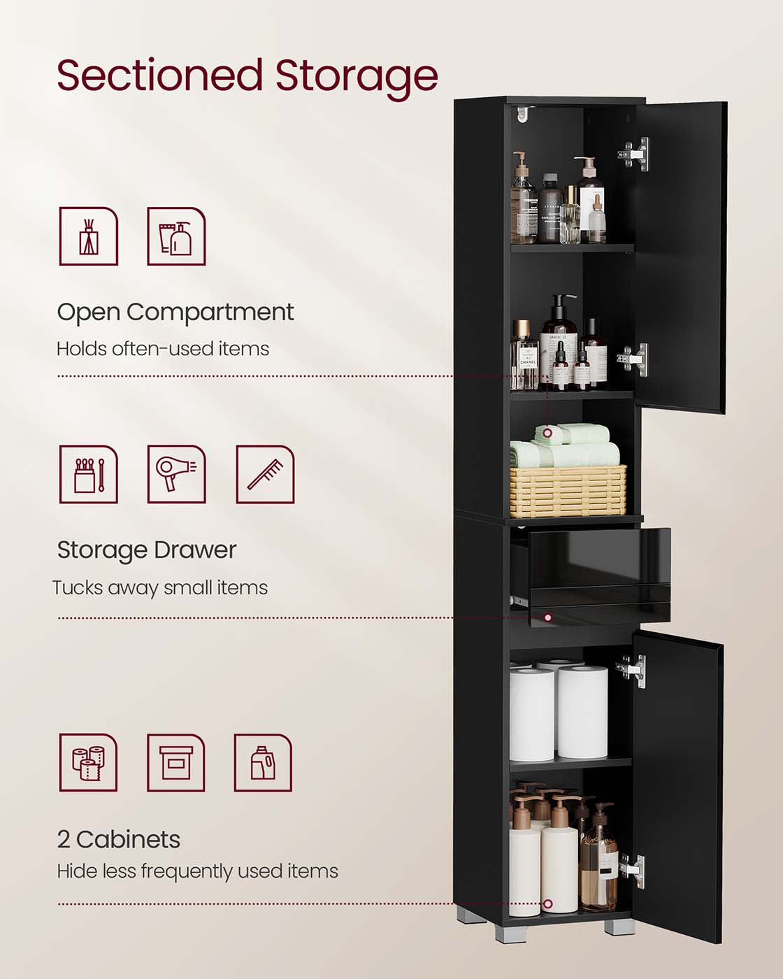 Tall Bathroom Cabinet – Wood – Sleek White Finish – Adjustable Shelves and Drawer