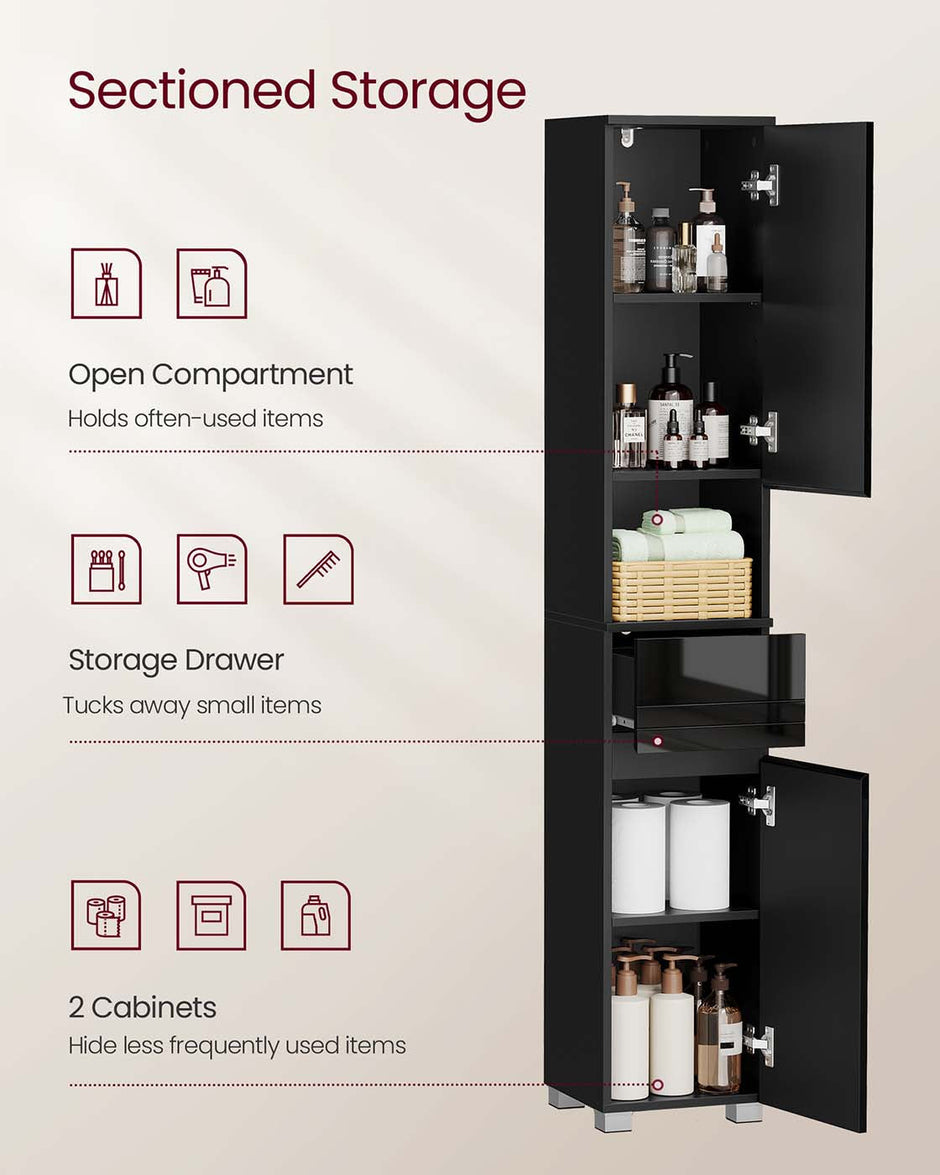 Tall Bathroom Cabinet – Wood – Sleek White Finish – Adjustable Shelves and Drawer