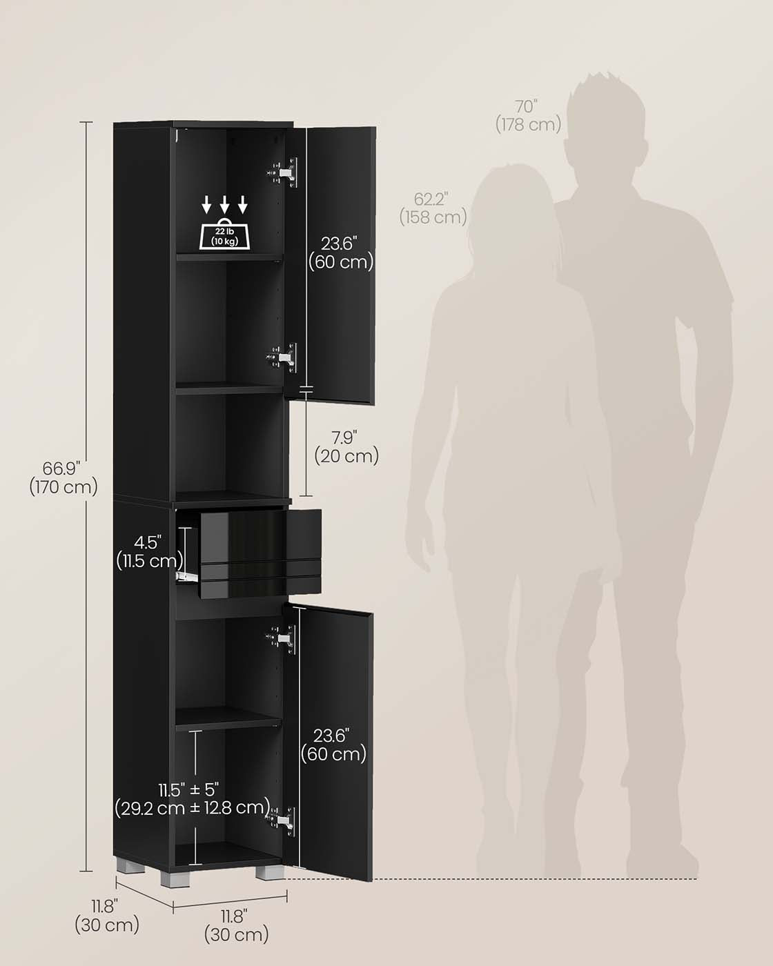 Tall Bathroom Cabinet – Wood – Sleek White Finish – Adjustable Shelves and Drawer