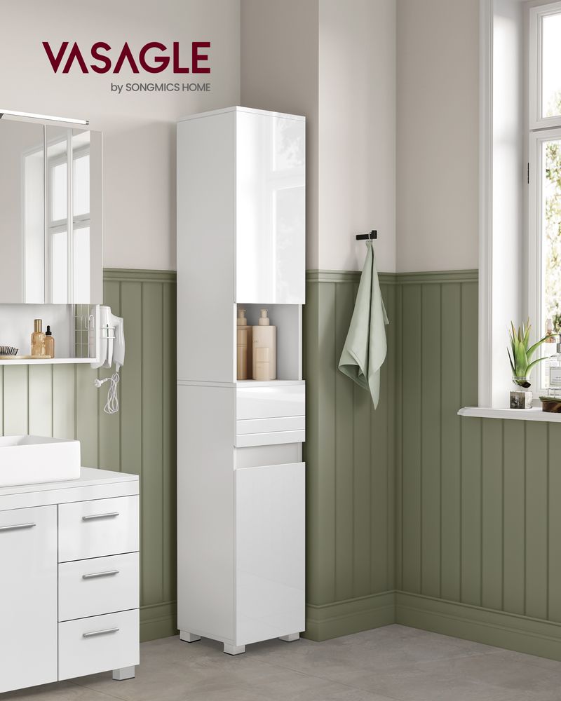 Tall Bathroom Cabinet – Wood – White – Sleek Design with Adjustable Shelves and Drawer
