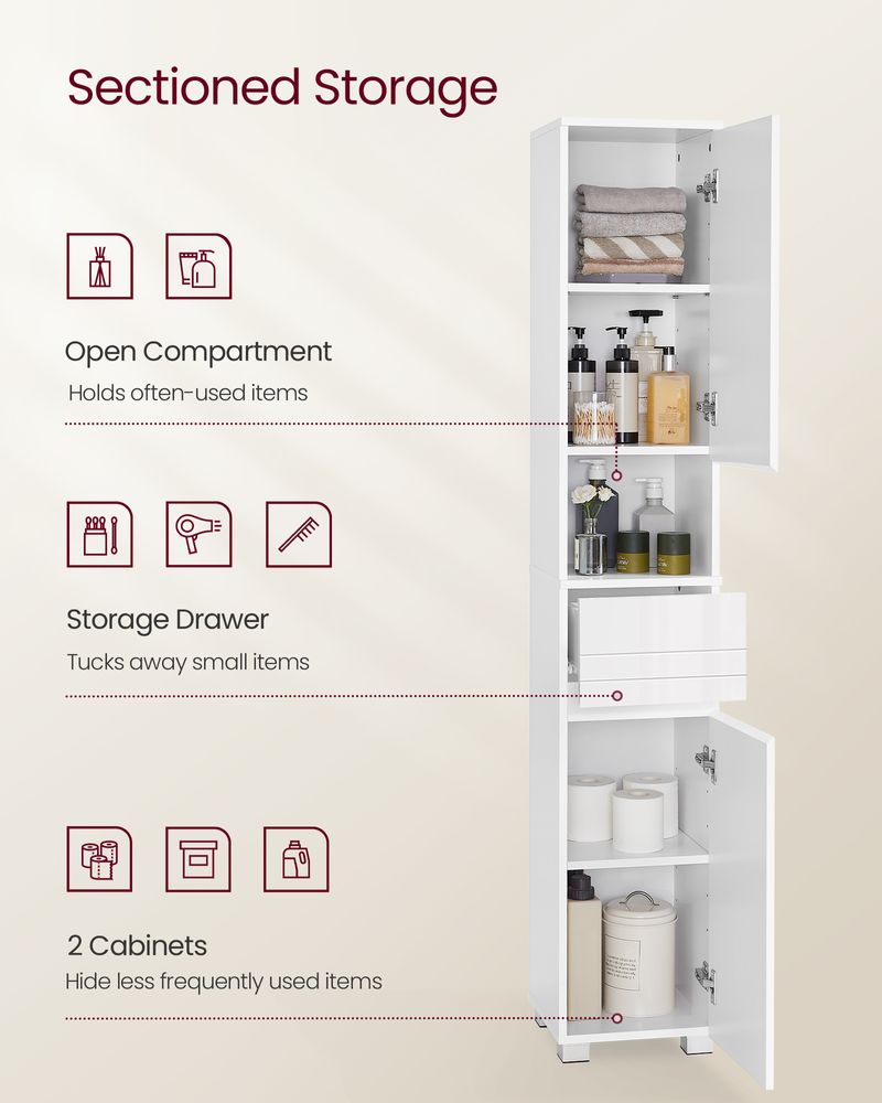 Tall Bathroom Cabinet – Wood – White – Sleek Design with Adjustable Shelves and Drawer